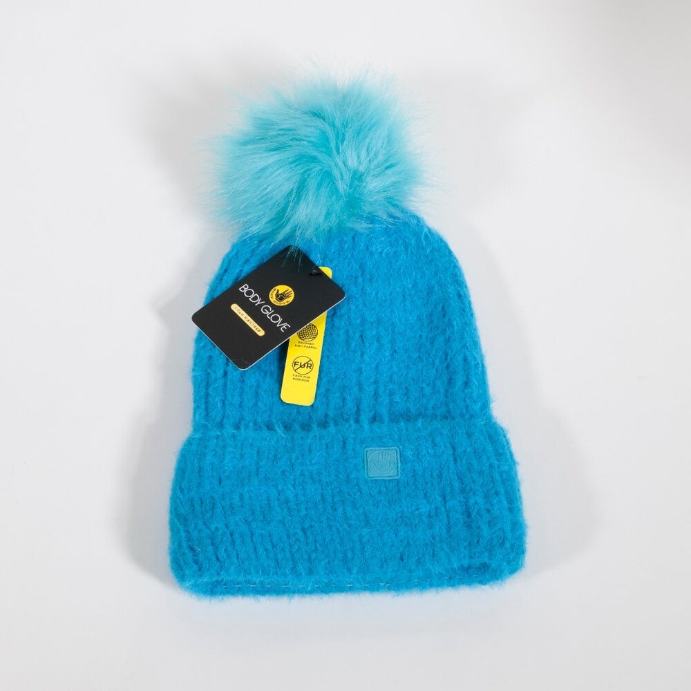 Body Glove Blue Knit Beanie with Faux Fur Pom O/S NWT